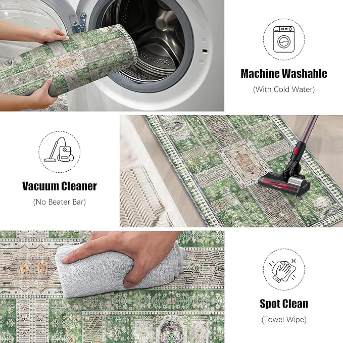 Vintage 2'6'' x 8' Washable Area Rug - Stylish Indoor Rug for Living, Dining or Bedroom - Lightweight Carpet with Non-Slip Backing - Foldable for Easy Placement and Maintenance - Green