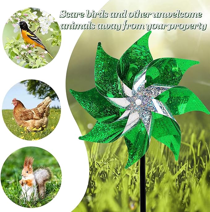 Hausse 10 Pack Reflective Pinwheels Holiday Decor, Extra Sparkly Wind Sculptures for St. Patrick's Day Decorations Party Supplies, Deterrent to Scare Birds Away from Garden Yard Patio Farm, Green