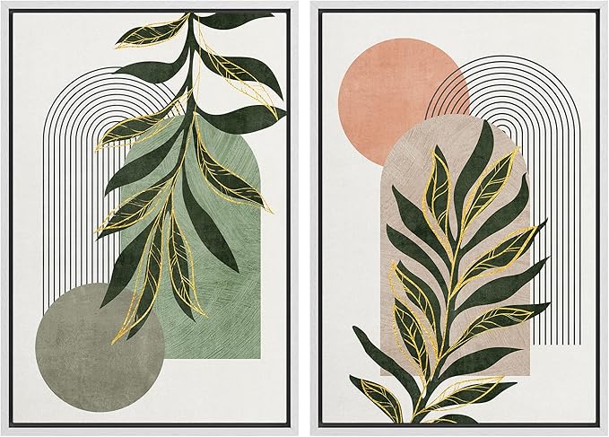 SIGNFORD Framed Canvas Print Wall Art Set Jungle Palm Leaf Geometric Polygons Abstract Shapes Illustration Modern Art Decorative Nordic Nature for Living Room, Bedroom, Office - 16"x24"x2 White