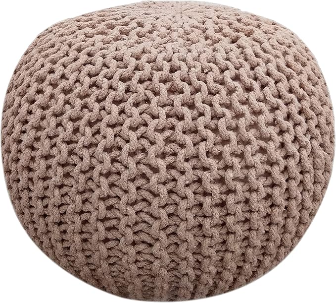FRELISH DECOR Round Pouf Ottoman Hand Knitted 100% Cotton Pouf Foot Stool - Knitted Bean Bag - Floor Chair for Living Room Bedroom - Foot Rest for Couch (20 Diameter x 14 Height) - Taupe