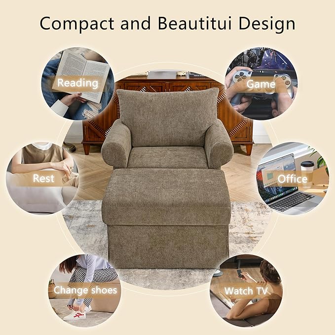 35.82” Accent Chair with Ottoman Upholstered Living Room Chairs for Reading Chair with Chaise Lounge Chairs Indoor, Comfortable Armchair for Bedroom (Brown, 35.82")