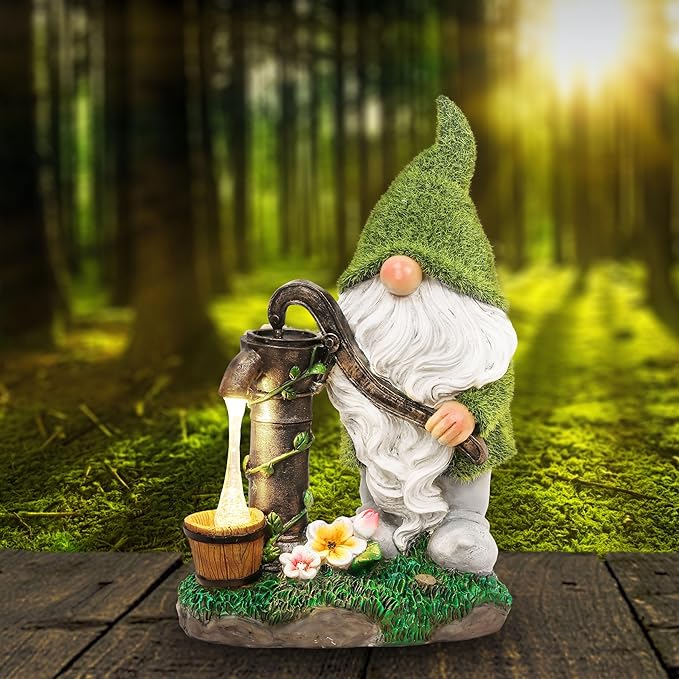 TERESA'S COLLECTIONS Resin Garden Gnomes Decor with Solar Lights, Fathers Gifts, Green Outdoor Decorations for Porch Patio, Gifts for Dad and Mom，Outdoor Garden Decor Ornaments for Outside, 10"