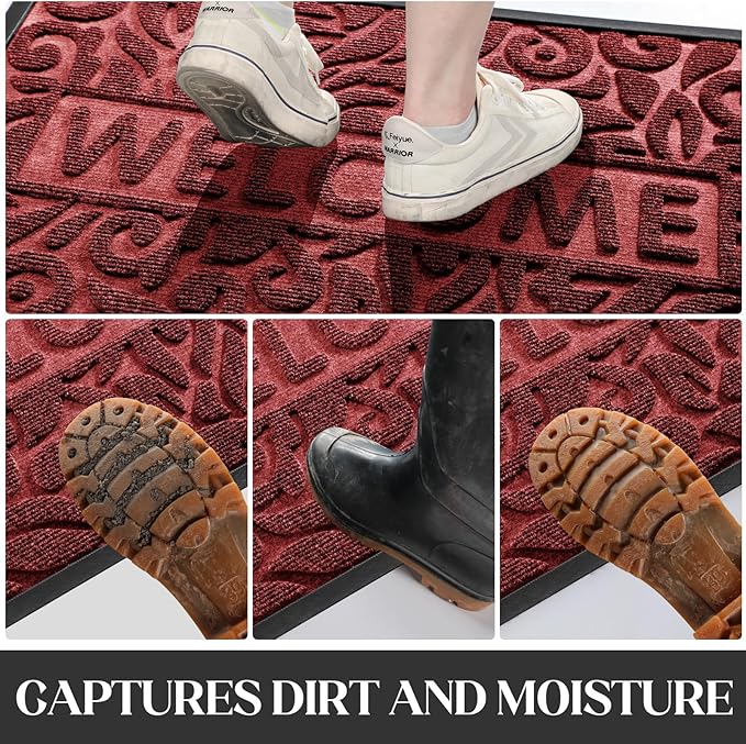 Yimobra Welcome Front Door Mat Outdoor, Heavy Duty Sturdy Non Slip Doormats, Rubber Backing, Low-Profile Entrance Rugs, Absorbent Resist Dirt, Easy Clean Patio Garage Floor Mats, 47X24 Inch, Wine Red