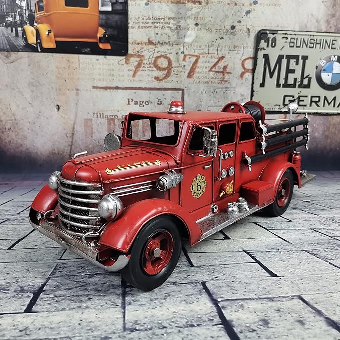 Retro Fire Truck Diecast Model - Metal Miniature Vehicles, Large Fire Fighting Truck Decor, 16.4'' Long