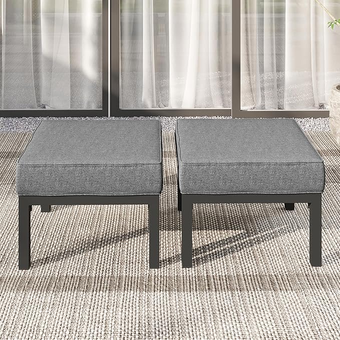Solaste Outdoor Footstools Patio Ottoman Set of 2, Aluminum All-Weather Outdoor Footrest Seat with Removable Cushions, Patio Furniture Ottomans for Garden, Backyard, Poolside-Gray