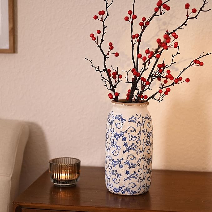 VICTOR & TERESA Rustic Blue and White Vase for Home Decor, Ceramic Vases for Flowers, Modern Farmhouse Decorative Vases for Pampas Grass,Table, Mantel, Living Room,Bookshelf, Centerpieces, 8''