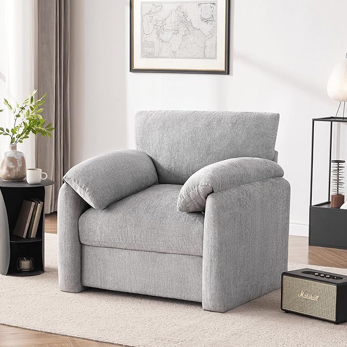 Chenille Oversized Armchair, 38.6" Wide Accent Chairs for Living Room & Bedroom Modern Lounge Chair, Upholstered Mid-Century Reading Chair, Comfy Living Room Chair, Single Sofa Chair, LightGrey