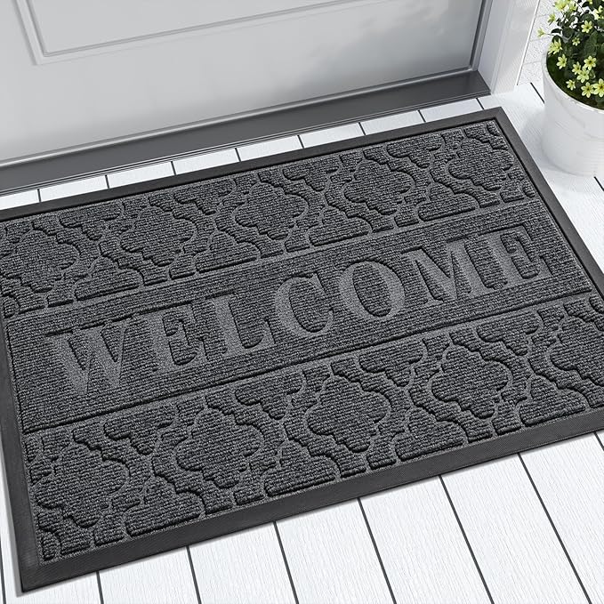 Yimobra Welcome Mat Outdoor Indoor, 36x24 All-Season Waterproof, All-Weather Heavy Duty Doormat, Low Profile Porch Patio Entrance Mat, Sturdy Natural Rubber, Dark Grey