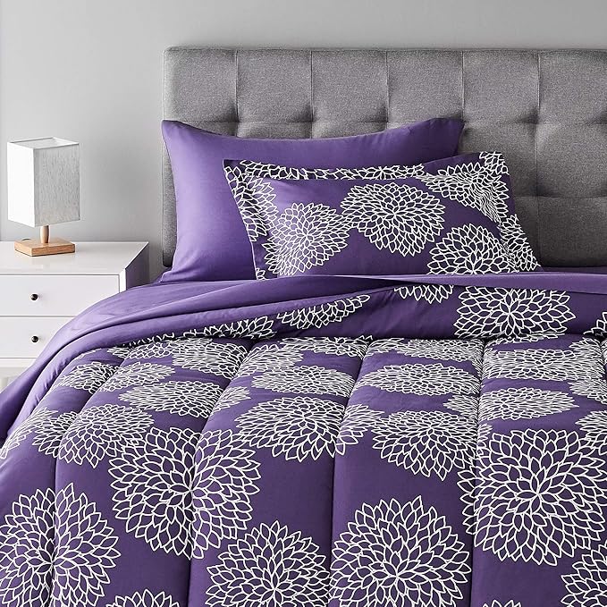 Amazon Basics Twin/Twin XL Comforter Set with Sheets, 5-Piece Purple Floral Bedding, Lightweight Microfiber Bed-in-a-Bag