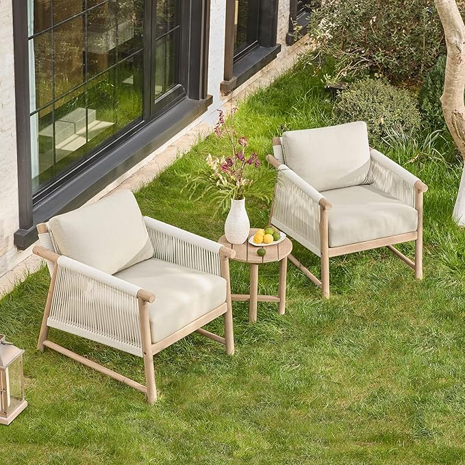 CHITA Boho Patio Rattan Chair Set of 2, Outdoor Wicker Chair with 7.1″ Thickened Cushions Acacia Wood Frame(Cream)