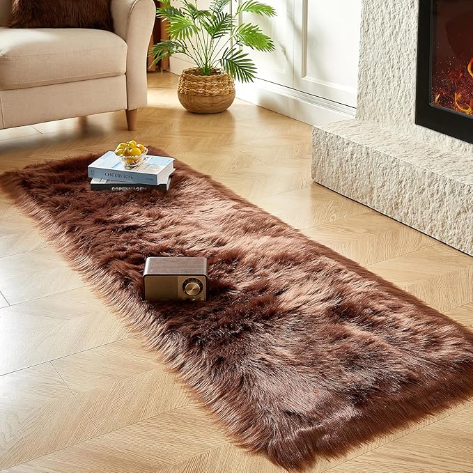 AMTOVO Faux Fur Rug, Coffee Ultra Soft Fluffy Shag Sheepskin Rug, 2 x 6 ft Runner Area Rugs for Bedroom Sofa Throw Cushion Room Decor, Rectangle