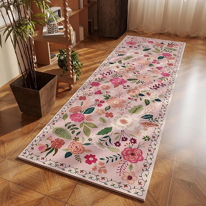 Runner Rug for Hallways Kitchen Rug Non Slip 2'x 6' Washable Rugs with Rubber Backing Soft Floral Carpet Runner for Hallways, Kitchen, Laundry, Bedroom, Bathroom(Pink)