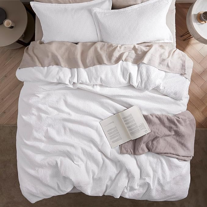 Bedsure Cotton Duvet Cover King - 100% Cotton Waffle Weave Bright White Duvet Cover King Size, GentleSoft™ and Breathable Bedding Set for All Season, 3 Pieces, 104"x90"