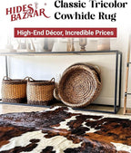 Tricolor Cowhide Rug Classic Brown, Black and White Color Mix, Natural Leather Hide, Area Rug (5x7 ft)