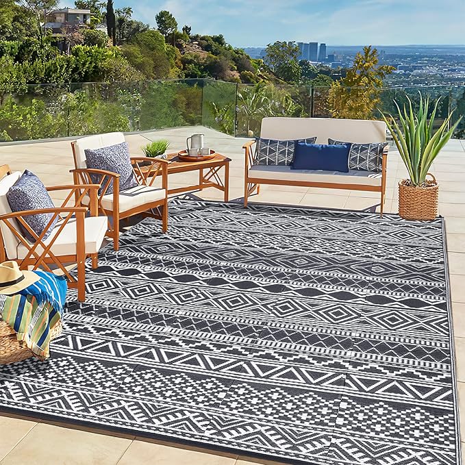 GAOMON Outdoor Rug Waterproof 8'x10', Reversible Outdoor Plastic Straw Rug, Boho Patio Rug, Indoor Outdoor Carpet, RV Mat Outside for Patio, Camp, Picnic, Balcony, Deck, Grey/White(Bohemia)