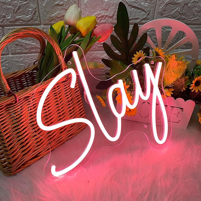 Slay Neon Sign Light Up Letter LED Light Signs Pink Game Room Decor for Girls Bedroom - USB Operated LED Light Sign - 13.9x12.1
