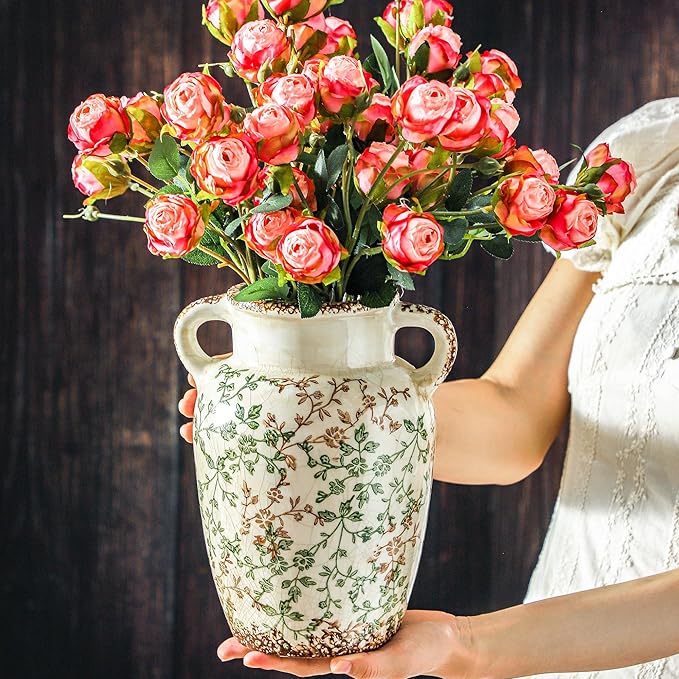 Enra Farmhouse Vintage vase with Handle,9.4 in Ceramic Chinoiserie Floral Vase,Green and Beige Decorative Flower vase,Large Rustic Vases for Home Decors, Living Room, Bookshelf, Office