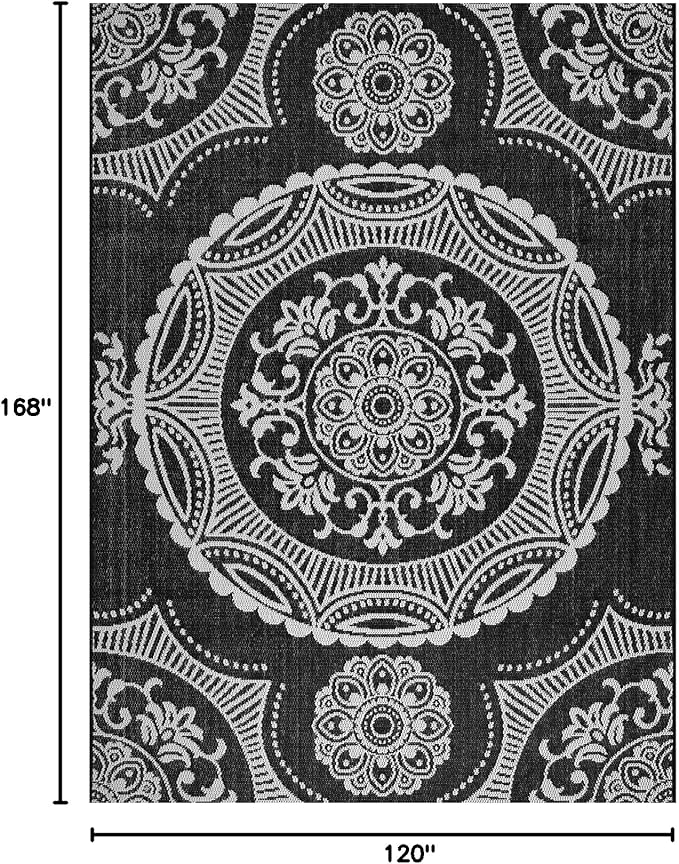 Medallion Outdoor Rug 10x14 Washable Outside Carpet for Indoor Patio Porch Waterproof Easy Cleaning Non Shedding Area Rugs Black 10 x 14