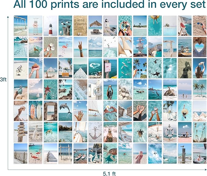 Y2K BOO Summer Beach Aesthetic Wall Collage Kit – 100 Ocean Blue & Sky Blue Photos, 4"x6" Prints for Teen Girls Dorm Room Decor, Beach Activities & Ocean Moments, Ideal Gift for Birthday & Graduation