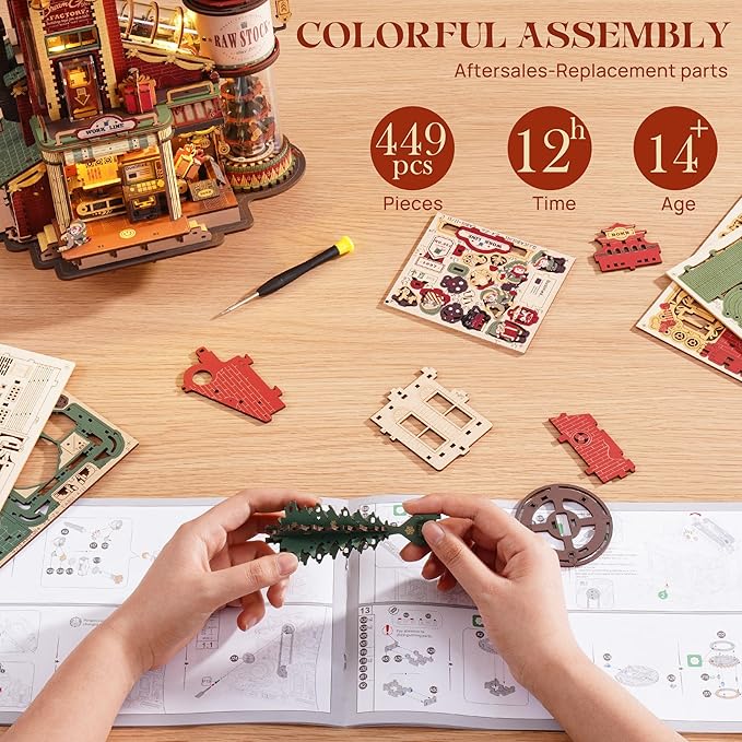ROKR 3D Puzzle for Adults Christmas Style Dream Gift Factory Wooden Model Kit Luminous Factory DIY Dollhouse Kit Building with Music, Lights and 5 Elves for Adults