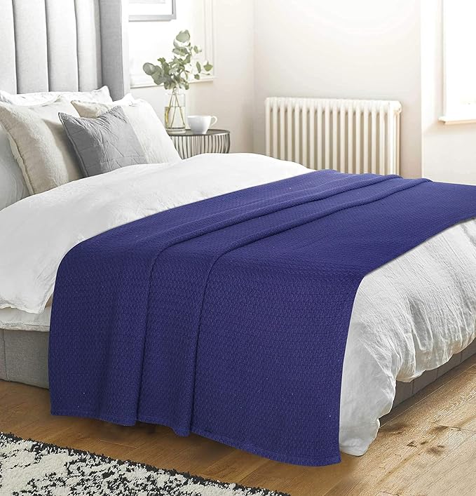 Elvana Home 100% Cotton Bed Blanket, Breathable Bed Blanket Queen Size, Cotton Thermal Blankets Queen, Perfect for Layering Any Bed for All Season, Navy Blue