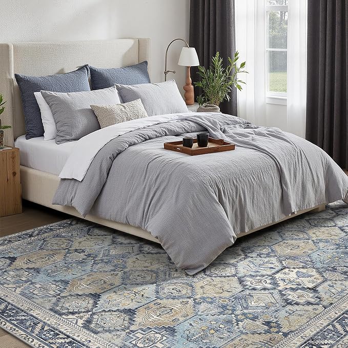 GENIMO 9x12 Area Rugs for Living Room, Machine Washable Non Slip Vintage Rugs, Low Pile Lightweight Chenille Print Rug for Bedroom, Dining Room, Home Office, Brown Blue