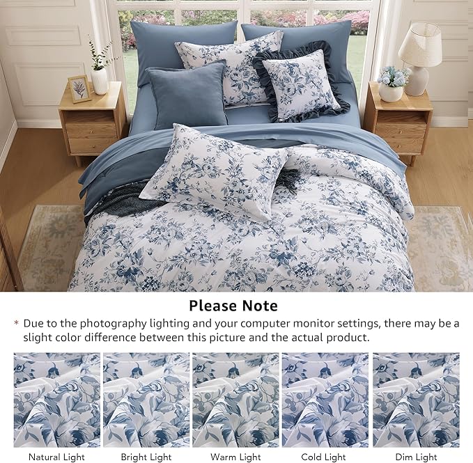 Full Comforter Set -7 Pieces Floral Blue Comforter Set for All Seasons, Bed in a Bag Full with Botanical Flowers Comforter, Sheets, Pillowcases & Shams