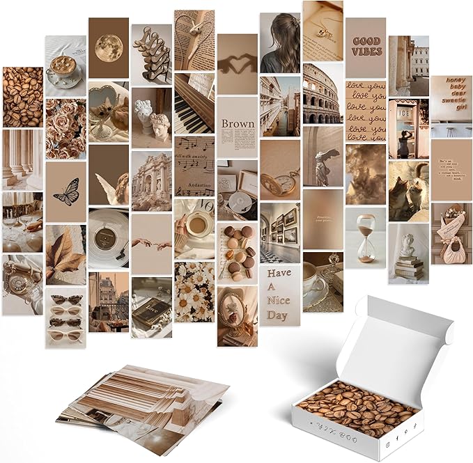Y2K BOO Beige Brown Aesthetic Wall Collage Kit – 50 Modern & Vintage Photos, 4"x6" Semi-Gloss Prints for Teen Girls Dorm Room Decor, Cozy & Warm Everyday Moments, Gift for Birthday & Graduation