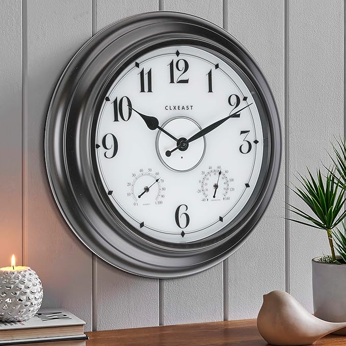 CLXEAST 24 Inch LED Self-Illuminated Outdoor Metal Clocks Waterproof, Large Lighted Outdoor Clock with Temperature and Humidity,House Warming Gifts New Home,Oil Rubbed Bronze Black