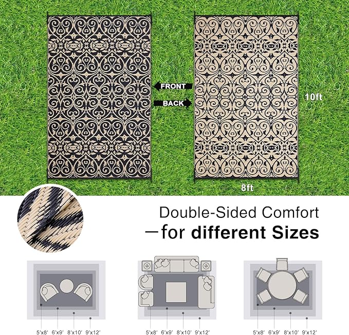 OLANLY Outdoor Rug Waterproof 8x10 ft Clearance, Reversible Outdoor Plastic Straw Rug with Floral Pattern, RV Mat for Patio, Camping, Balcony, Deck, Backyard, Black & Beige