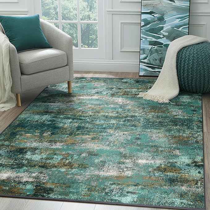 Area Rugs 10x14 for Living Room Bedroom, Modern Abstract Machine Washable Rug, Large Soft Low Pile Floor Carpet with Non Slip Backing for Dining Room, Turquoise