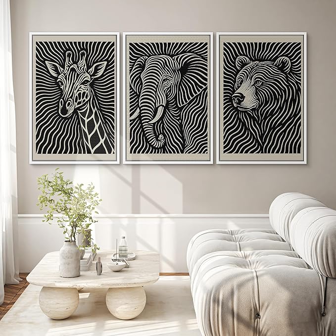 SIGNWIN Framed Canvas Print Wall Art Wildlife Portrait Giraffe, Elephant, and Bear Photography Modern Art Minimalist Black and White for Living Room, Bedroom, Office - 24"x36"x3 White