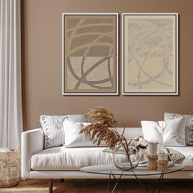 SIGNFORD Framed Canvas Print Wall Art Set Geometric Dot Patterns Earthy Beige and Brown Contrast Illustration Modern Art Decorative Nordic Nature for Living Room, Bedroom, Office - 24"x36"x2 White