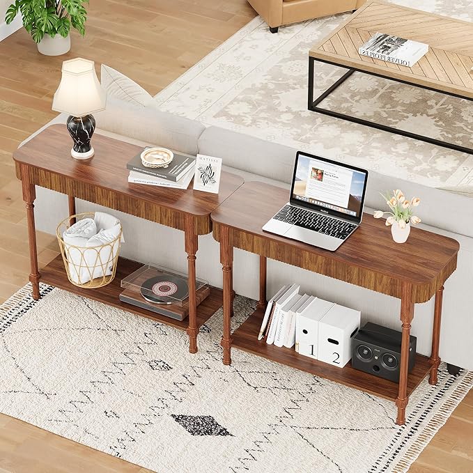43.3” Console Table with 2 Drawers, Modern Entryway Table with Fluted Panel & Storage Shelf, Narrow Wood Behind Couch Sofa Table for Living Room, Foyer, Hallway(Walnut)