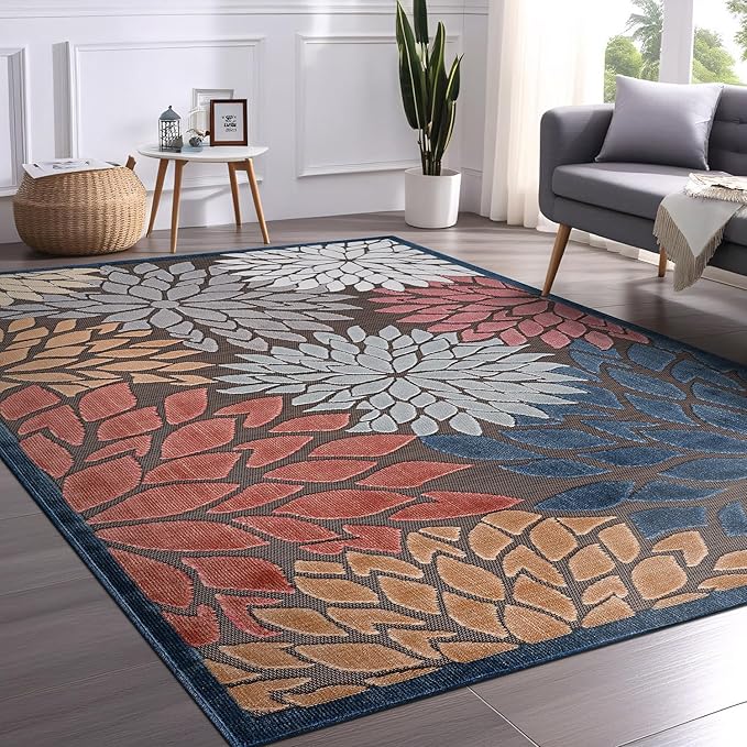 Beverly Rug Outdoor Rug 9x12 Large Modern Floral Tropical Area Rugs for Indoor and Outdoor Patio Easy to Clean Non Shedding Living Room Porch Garden Washable Outside Carpet (9 x 12 Brown)