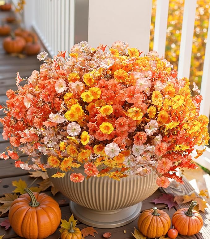 Artificial Mums for Outdoors Fake Fall Flowers Plants for Autumn Decoration, 12 Bundles Silk Morning Glory with Eucalyptus Look Real UV Resistant Faux Mums for Outside Planters Yard Patio Porch, Mix