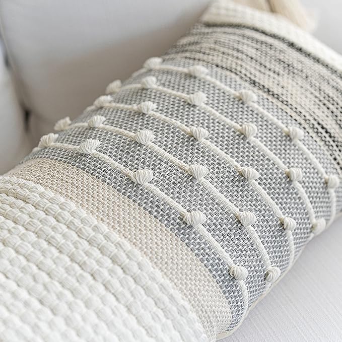 BlissBlush Gray Boho Lumbar Throw Pillow Cover 14x36 Grey Accent Long Body Lumbar Pillow for Bed Decorative Modern Bohemian Woven Textured Lumbar Pillow for Bed Cover ONLY