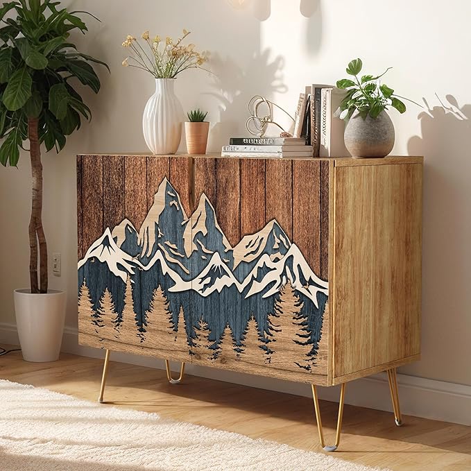 SIGNWIN Sideboard Buffet Cabinet, Kitchen Storage Cabinet with 2 Doors, Countryside Wood Panel Mountain Forest, Cupboard Console Table for Dining Room - 35" L x 18" W x 29" H