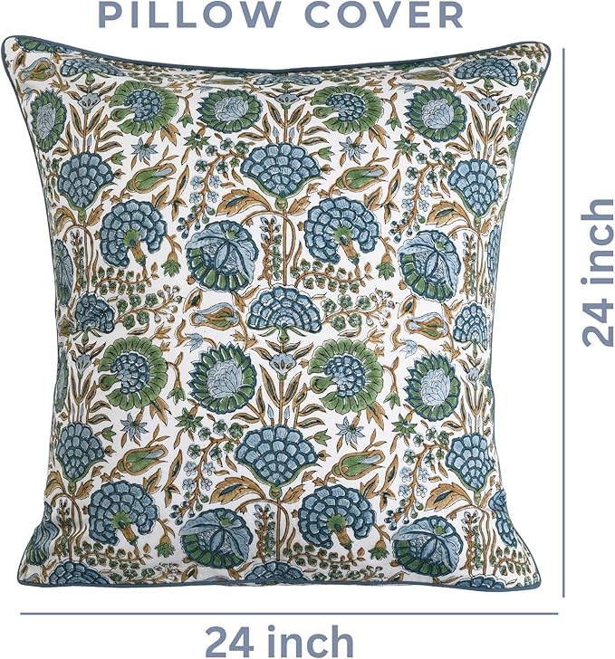 Ridhi Asparagus Green Print Cotton Throw Pillow Covers for Decorative Couch Pillows for Living Room, Chic Boho Cute Outdoor Thanksgiving Pillows Covers Gifts 24x24 Inches