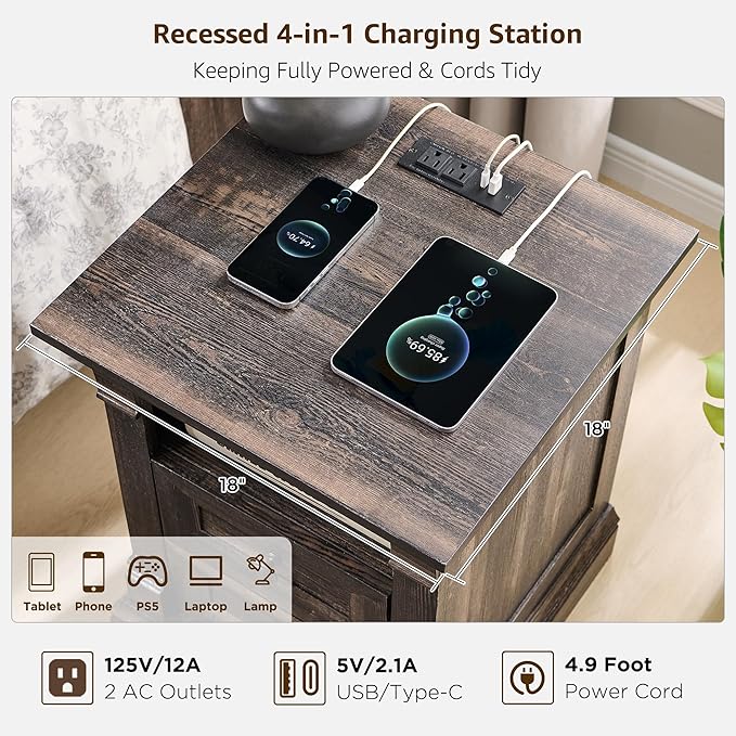 Farmhouse Nightstand with Charging Station, 18" End Table with 2 Drawers Storage and 1 Storage Shelf, Wooden Sofa Side Table w/Roman Column, Bedside Cabinet for Bedroom, Living Room, Dark Rustic Oak