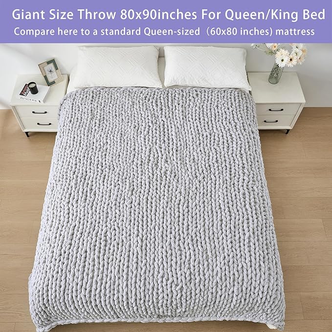 Bigacogo Chunky Knit Throw Blanket for Couch, 80x90 inches, 100% Hand Knitted with Thick Jumbo Chenille Yarn, Cozy Soft Large Rope Knot Cable Crochet Blankets for Sofa Bed Living Room, Light Grey