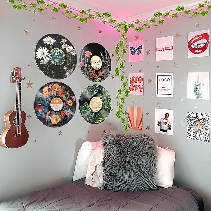 HK Studio Hippie Decor, Posters for Room Aesthetic - Botanical Wall Art, Record Decor, 4pcs 12"