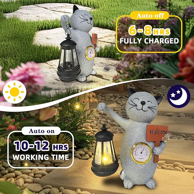 Solar Cat Outdoor Statues for Garden-Creative Thermometer-Lantern-Welcome Sign, Suitable for Yard Art, Lawn Ornaments, Porch, Terrace, Alcove, Home, House Outdoor, Cat Garden Decoration