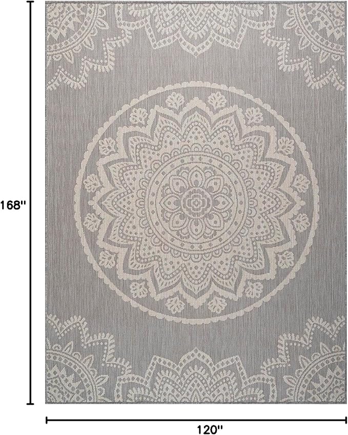 CAMILSON Outdoor Rug 10x14 Modern Area Rugs for Large Indoor and Outdoor Patios and Porches - Waterproof Washable Non-Shedding Easy-to-Clean Outside Carpet (10 x 14, Medallion - Grey/White)