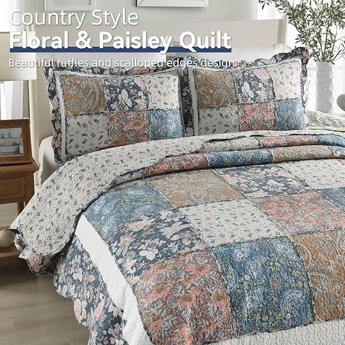 Yvooxny 3-Piece Quilt Set King Size Quilted Bedspread Reversible Country Style Blue Floral Paisley Real Patchwork Bedding Quilt Set with Ruffles with Pillowcases for All Seasons, 108 * 96 Inches