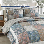 Yvooxny 3-Piece Quilt Set King Size Quilted Bedspread Reversible Country Style Blue Floral Paisley Real Patchwork Bedding Quilt Set with Ruffles with Pillowcases for All Seasons, 108 * 96 Inches