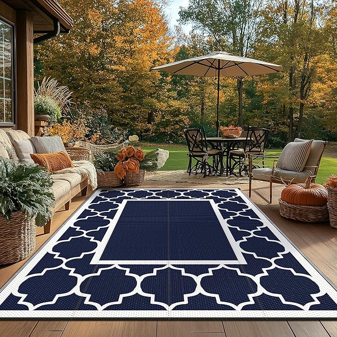 GENIMO Outdoor Rug 8' x 10' Patio Waterproof, Foldable Reversible Plastic Straw Area Rugs Mat for Camper Decor, Outside Carpet for Rv, Deck, Porch, Picnic, Beach, Balcony, Blue & White