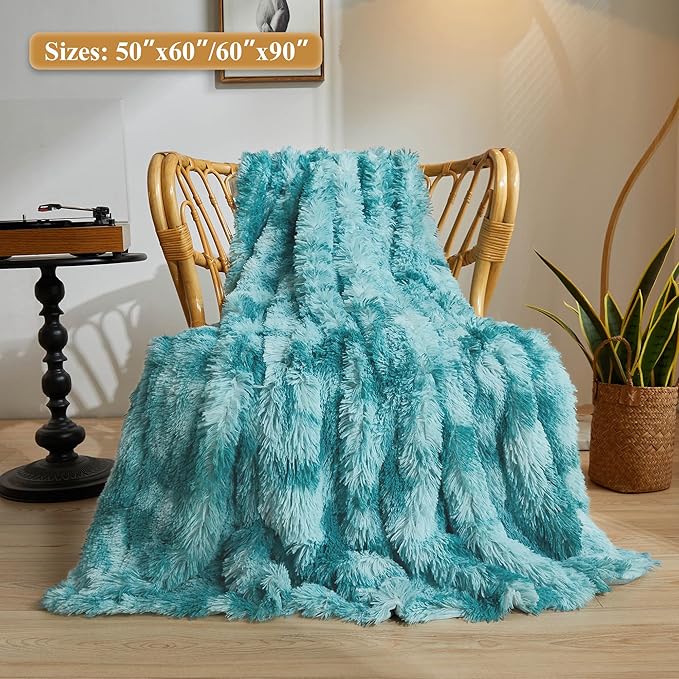 XeGe Tie Dye Plush Faux Fur Throw, Teal Soft 50x60 Shaggy Furry Blanket, Turquoise Fluffy Velvet Couch Throw, Comfy Ombre Fuzzy Lap Blanket for Bedroom Living Room Car Tie Dye Teal