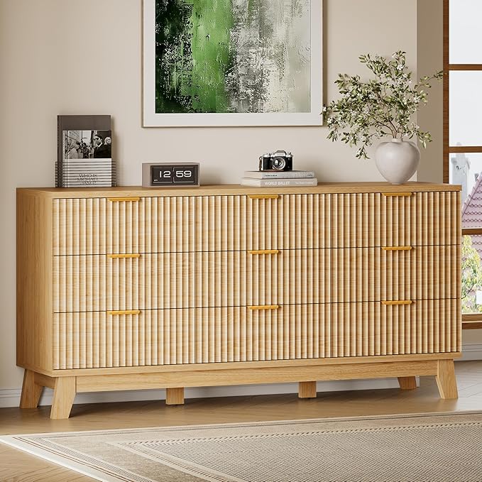 63" Long Dresser for Bedroom, 9-Drawer Fluted Dresser, Extra-Wide Wood Chest of Drawers with Smooth Metal Slides, Stable Base, Modern Clothes Storage Cabinet for Living Room, Hallway, Nursery