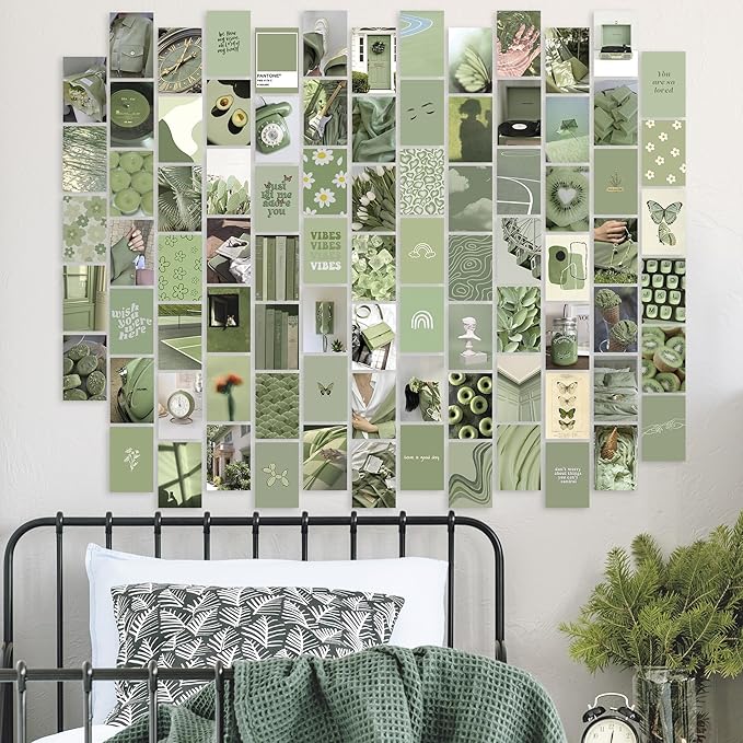 Y2K BOO Sage Green Aesthetic Wall Collage Kit – 100 Soft & Serene Photos, 4"x6" Semi-Gloss Prints for Teen Girls Dorm Room Decor, Calm Sage Green Moments, Ideal Gift for Birthday & Graduation